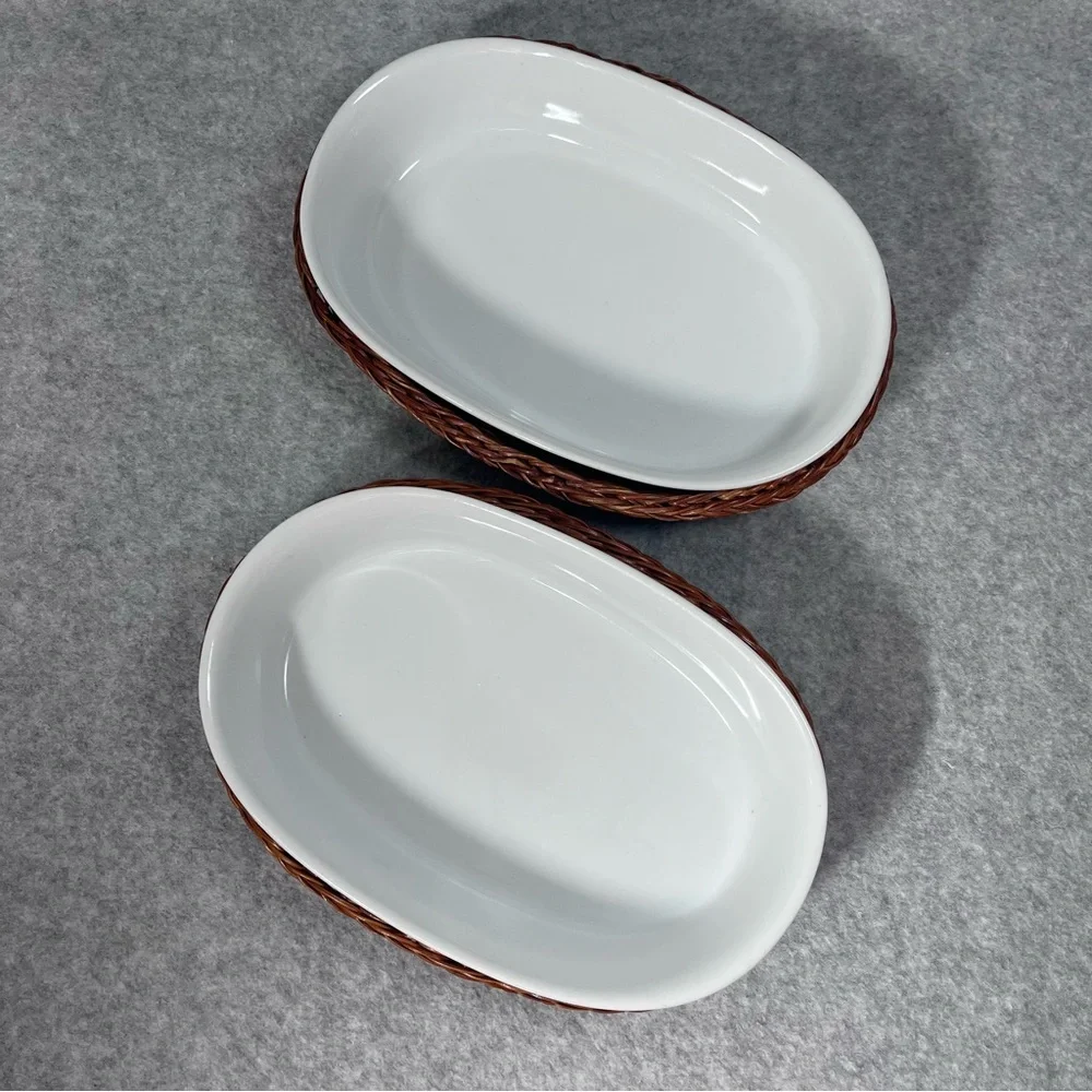White Pair Ceramic Plate Dish with‎ Wicker Ovenware Single Serve 8”x5”